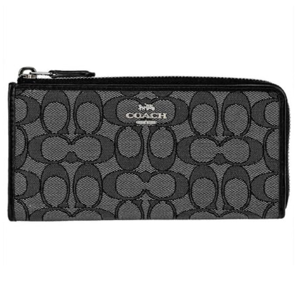 Coach Long Accordion Zip Wallet In Signature Black Jacquard Silver Hardware